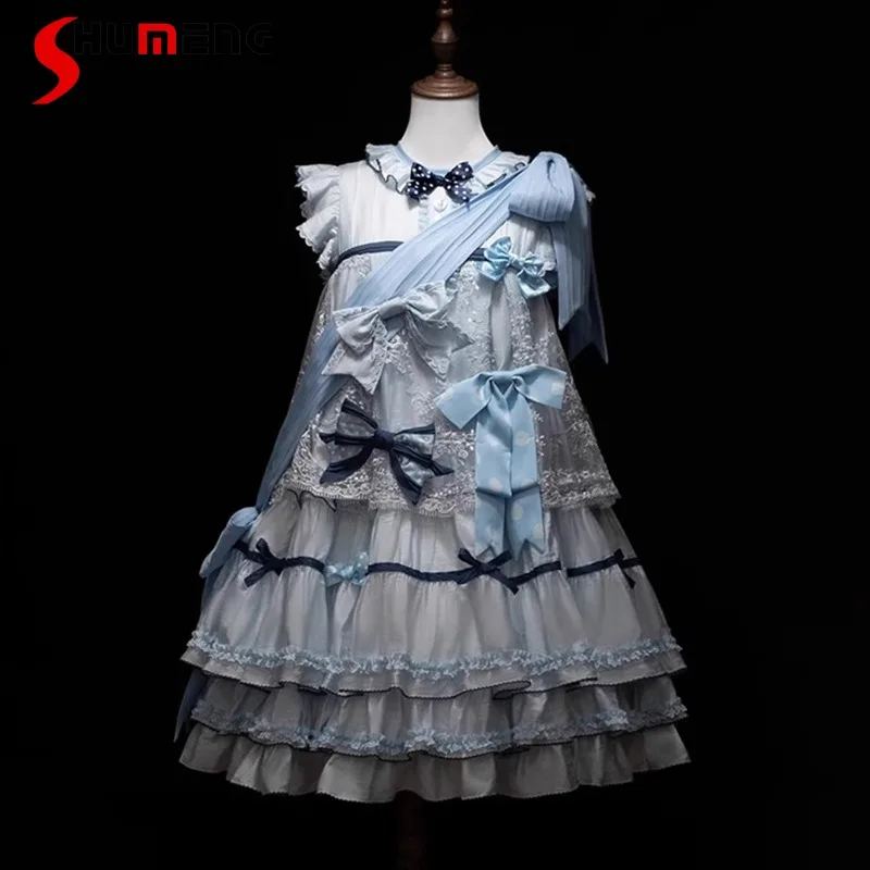 

Blue Cute Doll Vestidos Girly Japanese Lolita Style Sleeveless Dresses Rojita Lace Bow Cake Dress Daily Wear Women's Clothing
