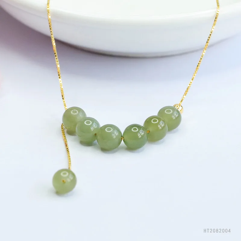 

S925 Sterling Silver Set Natural Hetian Jade Bead Necklace HT2082004