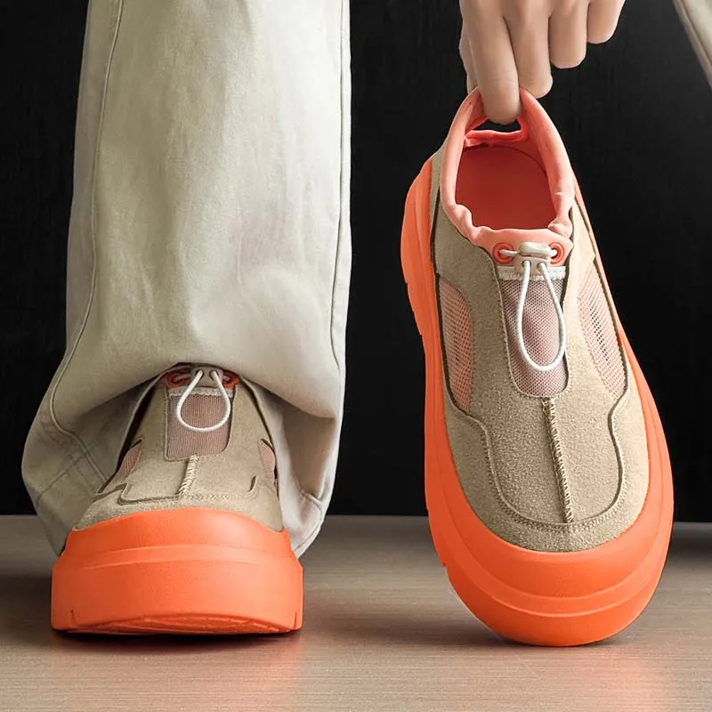 

Men's Khaki Orange Chunky Platform Shoes Suede Mesh Lace-Up Casual Sneakers Thick Sole Comfortable Walking Shoes 2026 New