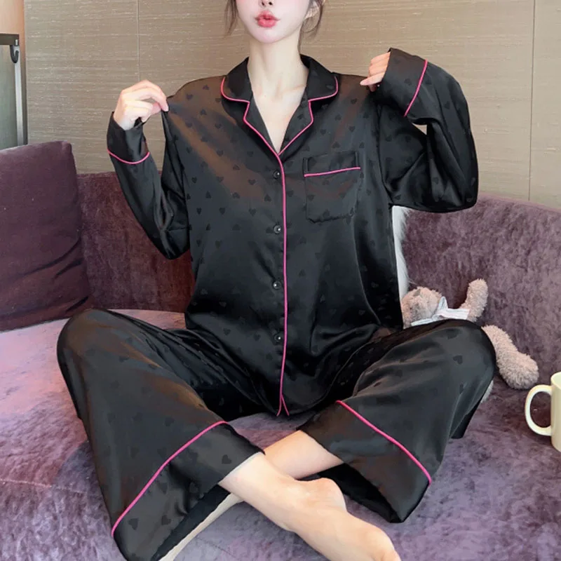 Spring and Autumn Love Jacquard Pajamas Women Long Sleeve Simple Casual Premium Feeling Home Wear Sexy Nightwear Silk Sleepwear