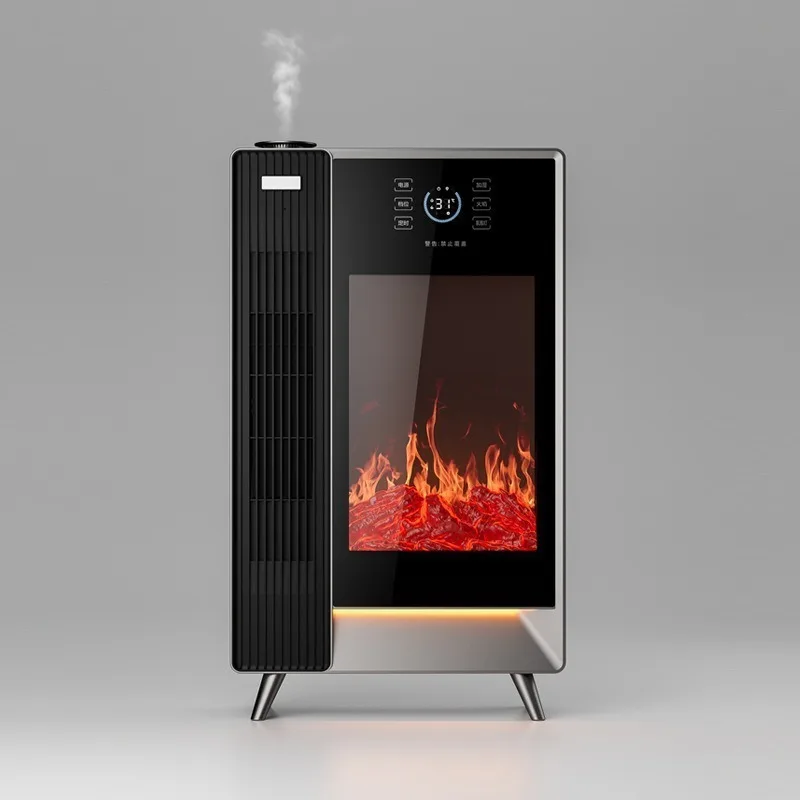 3D Charcoal Gray Graphene Electric Heater Realistic Flame Atomizing Fireplace Home Energy Saving Voice Control Humidifying Smart