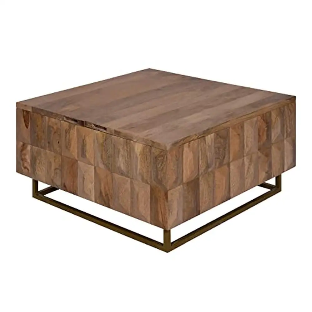 

Square Mango Wood Lift Top Coffee Table Natural Brown Farmhouse Style Urban Living Center Table 33-Inch Iron Frame Storage Trunk