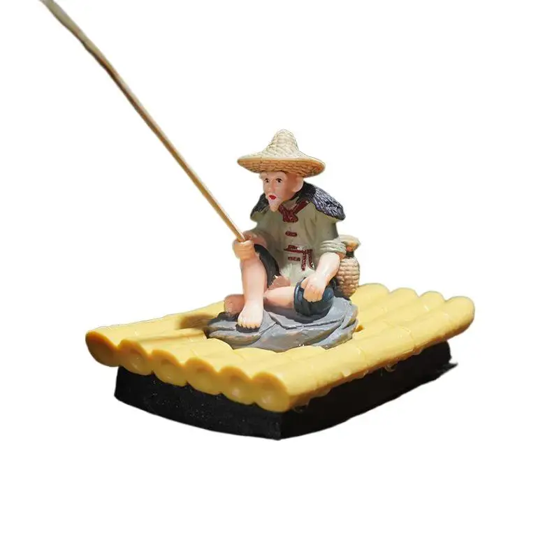 1Pcs Fisherman Figurine Elderly Fisherman PVC Statue For Yard Floating Aquarium Decor Outdoor Decoration Bamboo Raft