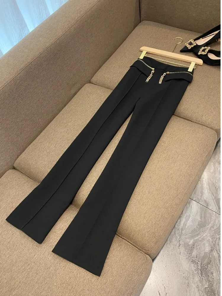 

Business Commute Style Black Chain Detail Wide Leg Casual Pants Elegant Drapey Trousers for Women High Waist Other Material