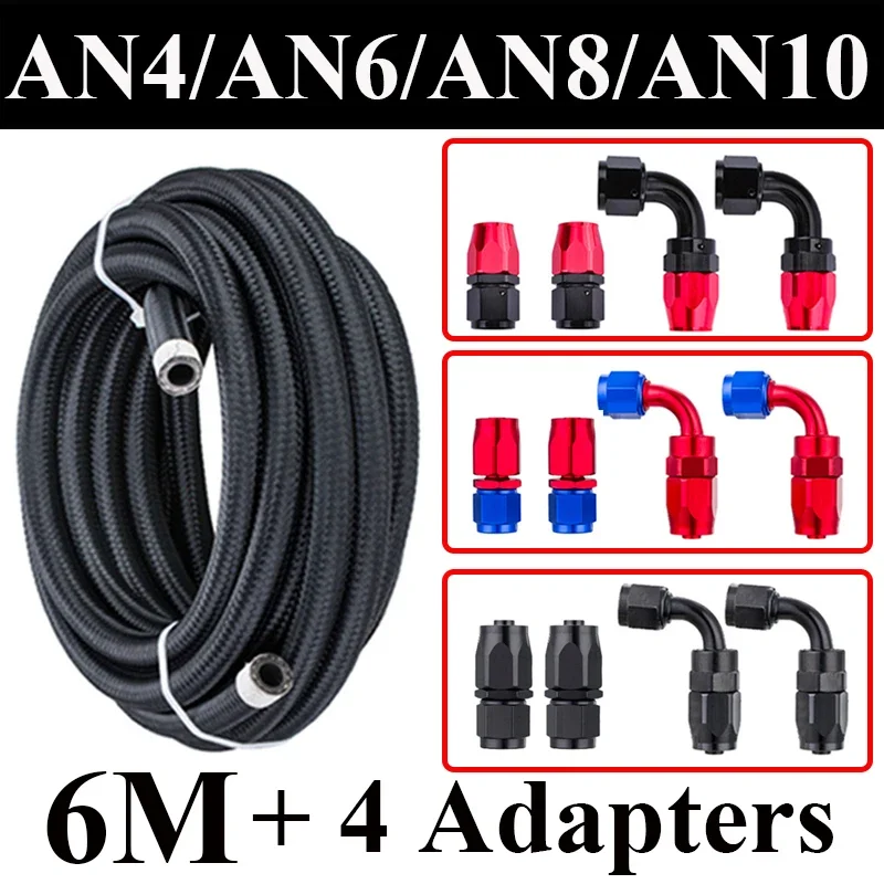 6M AN4 AN6 AN8 AN10 Fuel Hose Oil Gas Cooler Hose Line Pipe Tube Nylon CPE Rubber + 0 90 Degree Swivel Hose End Fittings Adapter