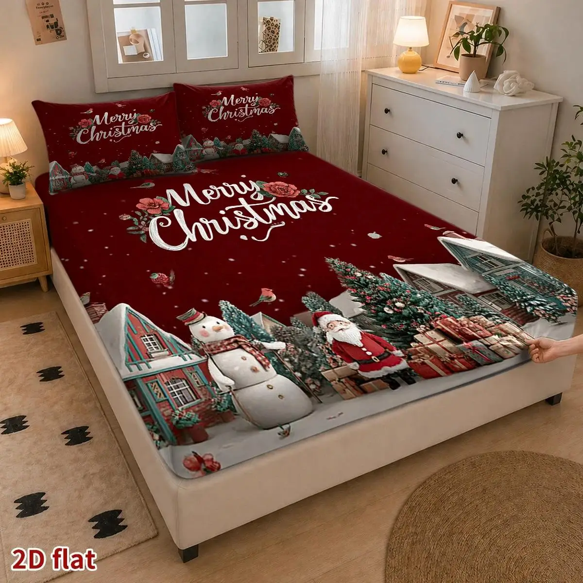 Santa Claus Snow Scene Three-Piece Bedding Set (Includes 1 Fitted Sheet + 2 Pillowcases) Mattress Protector, Fitted Elastic Style, Protective Cover, 2D Flat Printing, Mattress Protector, Christmas Limited Edition, Suitable for All Seasons, Machine Washable Design, Holiday Decoration, Various Sizes, Breathable Protective Cover with Pillowcase