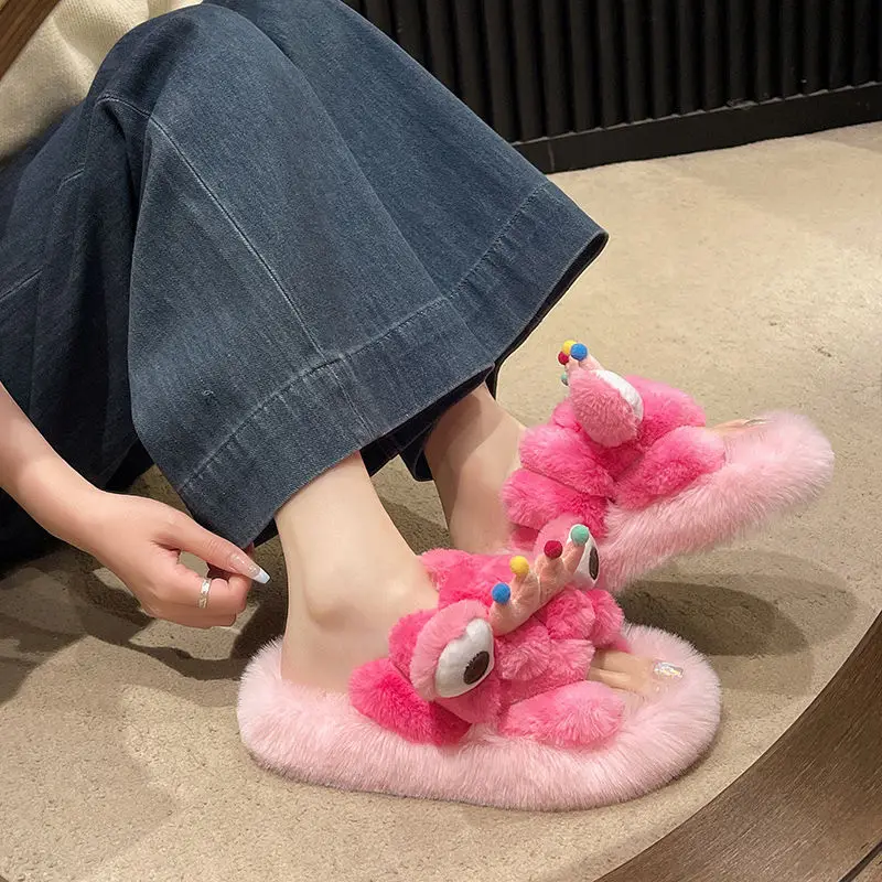 

Cartoon cute quirky plush slippers women's outside 2024 winter new students comfortable warm cotton slippers fashion indoor home