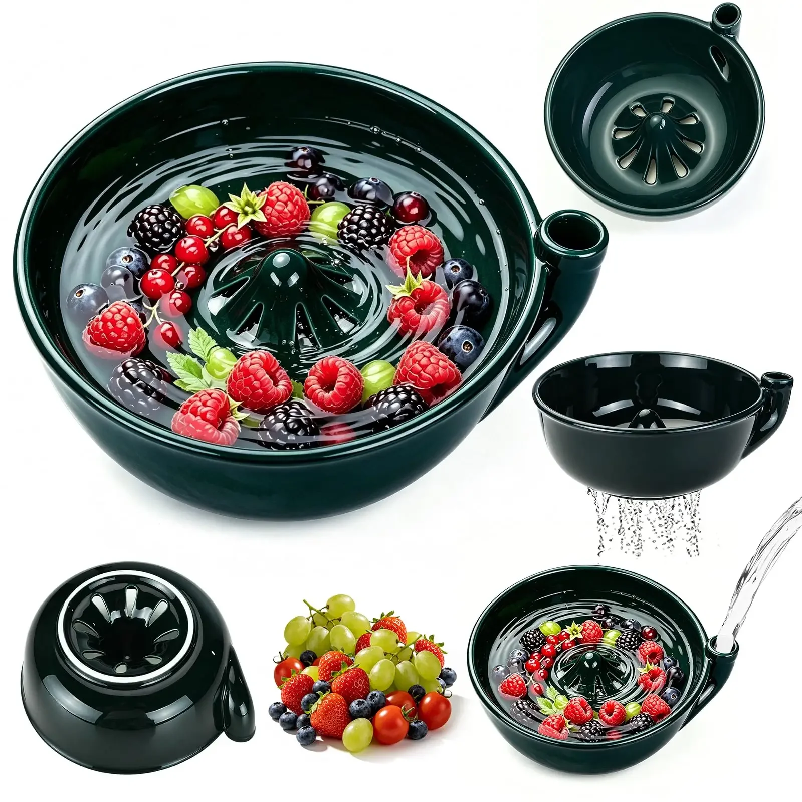 Ceramic Swirl Rinsing Berry Bowl Serving Bowl Colander Fruit Draining with Auto-Spin Washing & Drainage System & Home Gift
