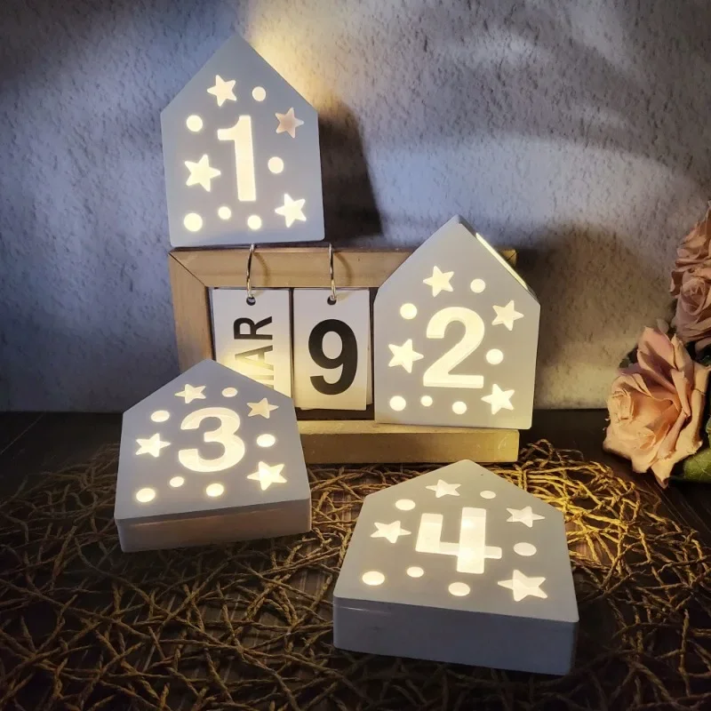 Number 1234 Hollow Splicing House Silicone Mold Star House Ornaments Silicone Mold Lighting House Candle Holder Cement Mould