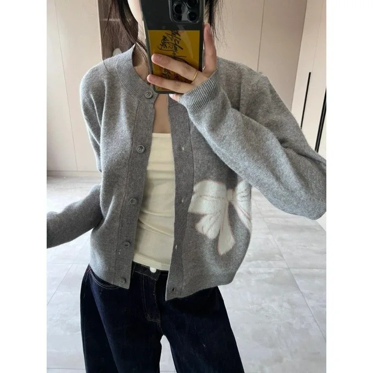 Korejepo Retro Sweet Fluff Delicate Bow Knitted Cardigan Women Autumn Loose Thin Round Neck Long Sleeved Sweater Jacket 2024