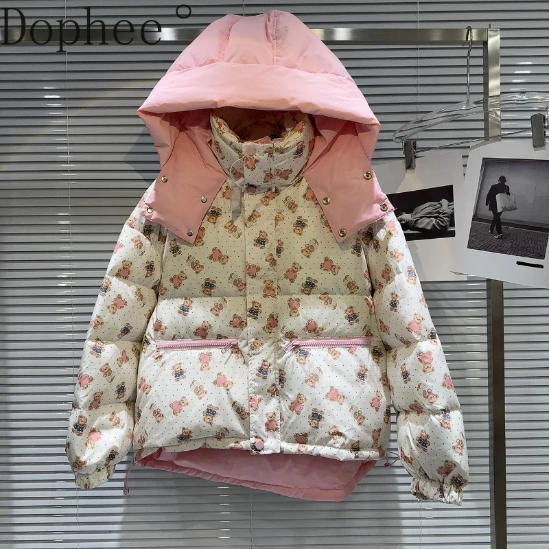 Cute Bears Printed Age Reduction Down Jacket Women Autumn Winter Loose Hooded Parkas Warm Casual White Duck Down Coat Sweet