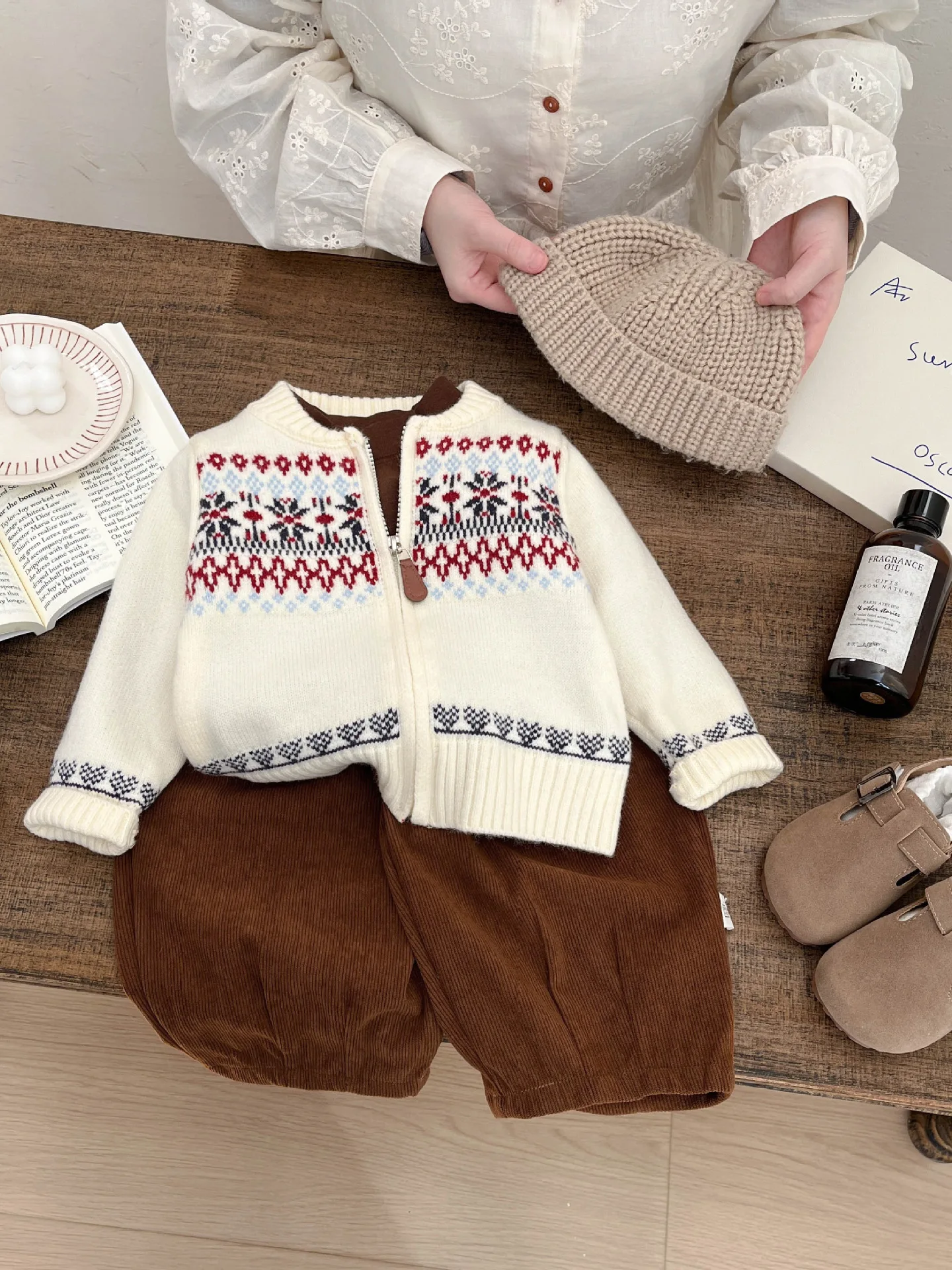 

Retro Early Spring Children's Fair Isle Knit Sweater Korean Style Baby Fashionable Knitted Open Cardigan Versatile Yarn Sweater