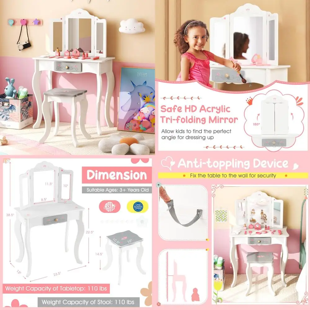 

Children's Princess Makeup Dressing Table and Chair Set with Detachable Tri-fold Mirror, Toddler Vanity Table for Dressing and P