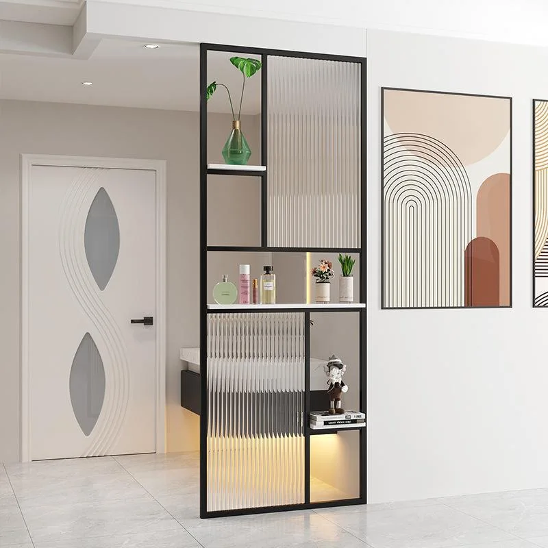 Living room with a long rainbow glass partition, iron wrought screen, dining room