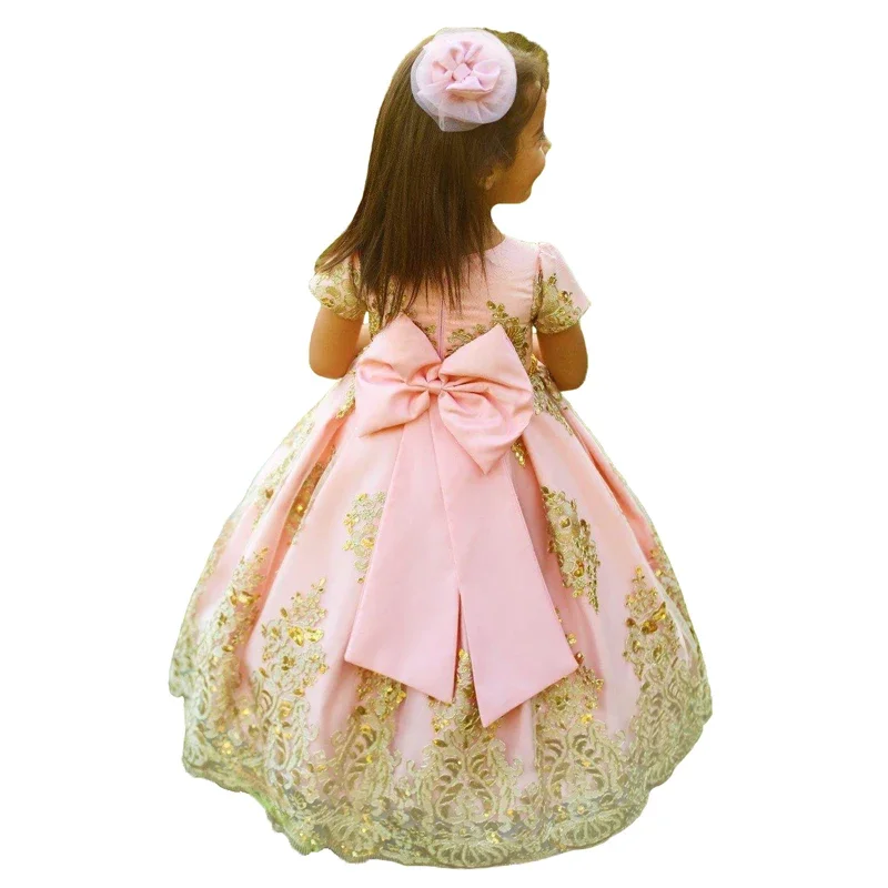 Pink Flower Girl Dresses O Neck Short Sleeves Lace Appliques Baby Girls Princess Pagenat Dress With Satin Bowknot Ball Gown