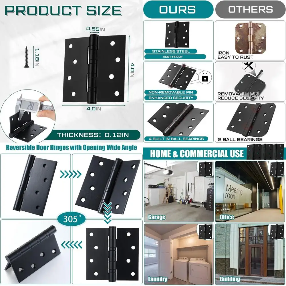 

4 сверхпрочные шарикоподшипниковые петли из нержавеющей стали для наружных дверей размером 4x4 дюйма (черные)