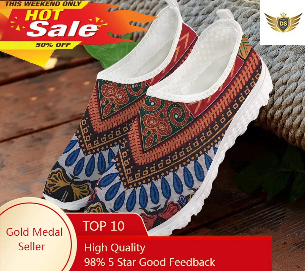 

Hot Sale Women Flat Shoe African Tribal Fabric Printed Female Mesh Sneaker Breathable Walk Footwear Loafers Zapatos