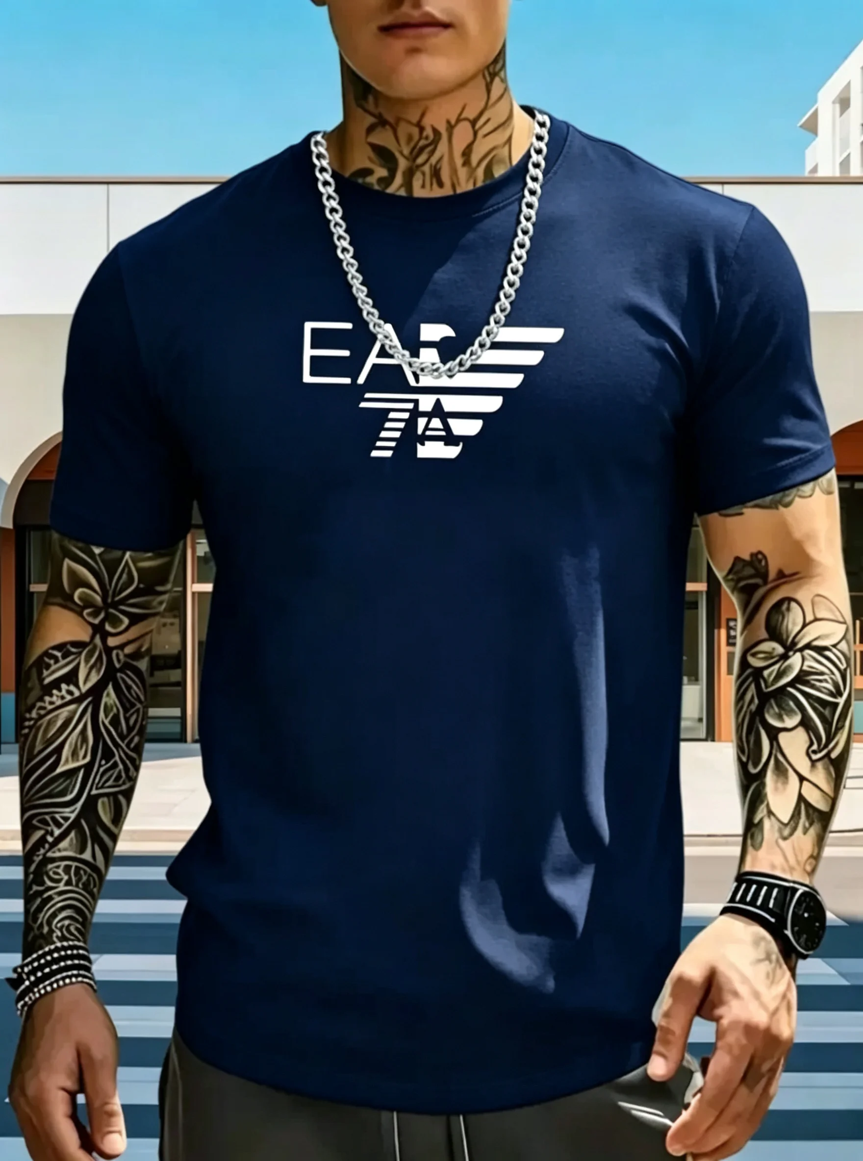 2026 Herren Sommer T-Shirt aus reiner Baumwolle EA7 mit Buchstaben-Print, Rundhalsausschnitt, Kurzarm, lässige Streetwear-Oberteile, in verschiedenen Farben erhältlich – Detail 9