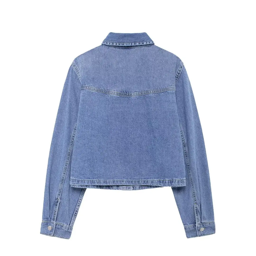 TRAF 2024 Blue Denim Shirts for Women Cropped Jeans Women\'s Shirts Collar Button up Shirt Woman Long Sleeve Shirts and Blouses