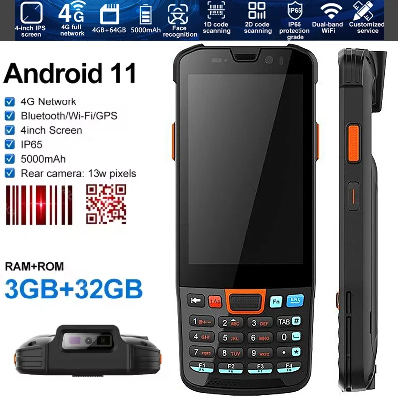 

Ручной Android PDA 3 ГБ 32 ГБ 2D сканер штрих-кода 4G Lte WiFi Bluetooth IP65 Портативный складской сборщик данных 1D 2D QR-сканеры