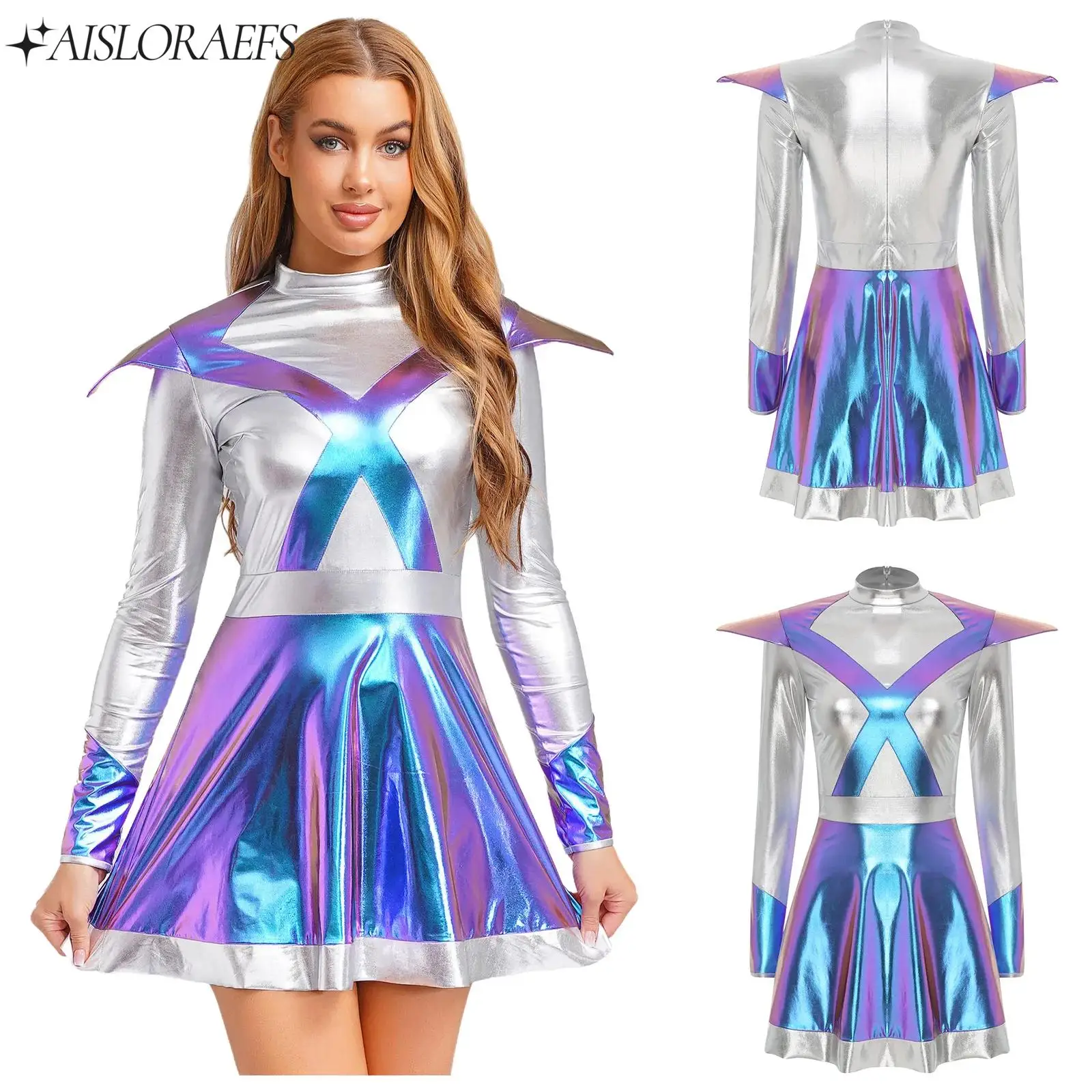 

Women Alien Astronaut Cosplay Dress Long Sleeve with Flap Space Female Warrior Dress for Halloween Fancy Party Stage Performance