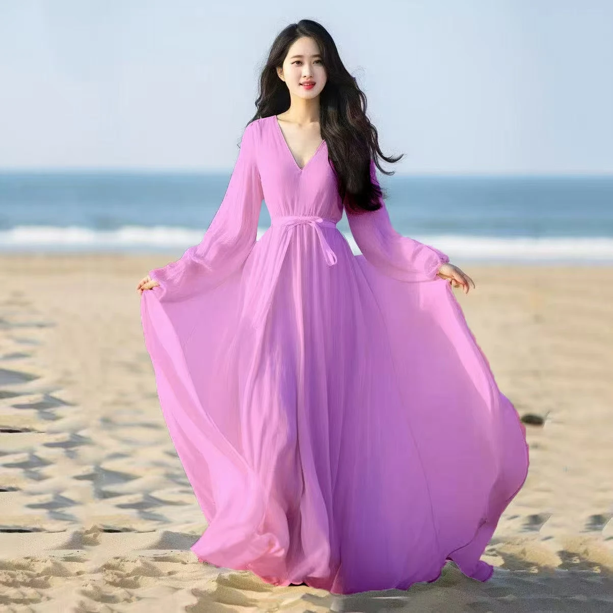 Vestido largo bohemio de gasa para playa para mujer, vestido informal holgado con cuello en V y cinturón de manga larga, Túnica para fiesta de noche y baile