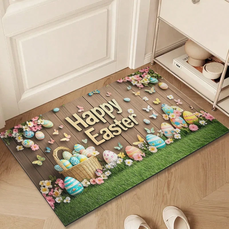 Easter Welcome Doormat Charming Bunny & Colorful Easter Eggs Pastel Floral Spring Entry with Cursive Script Cozy Seasonal Decor