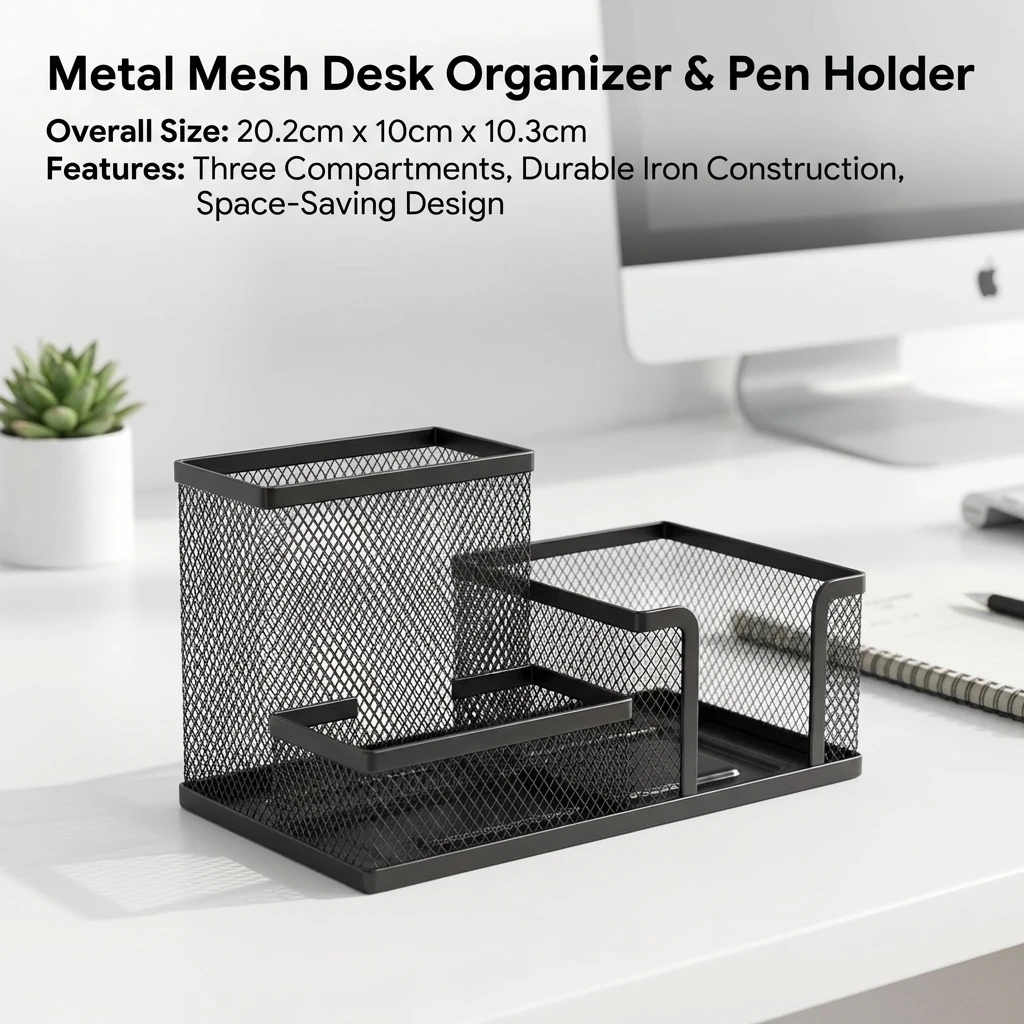 Black Mesh Desk Organizer with Pencil Holder And Storage Baskets 3 Compartments Office Supplies Caddy for Desktop Accessories
