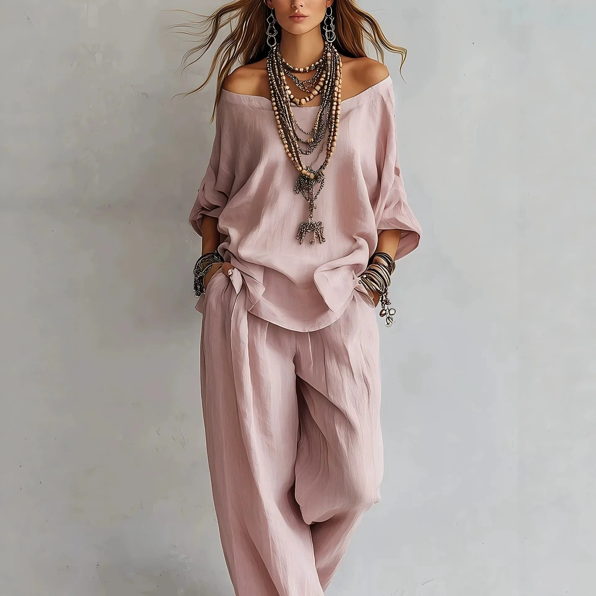 Casual Loose Linen Seven Sleeve Top Wide Leg Pants Set Summer New Style Cross Border Independent Station Fashion Ensemble