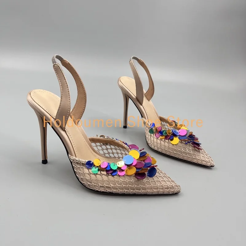 

Women's Point Toe Colorful Bead Embellishment Hollowed Out Mesh Roman Sandal Fashion Slingback Slip On Elegant Party Dress Pumps
