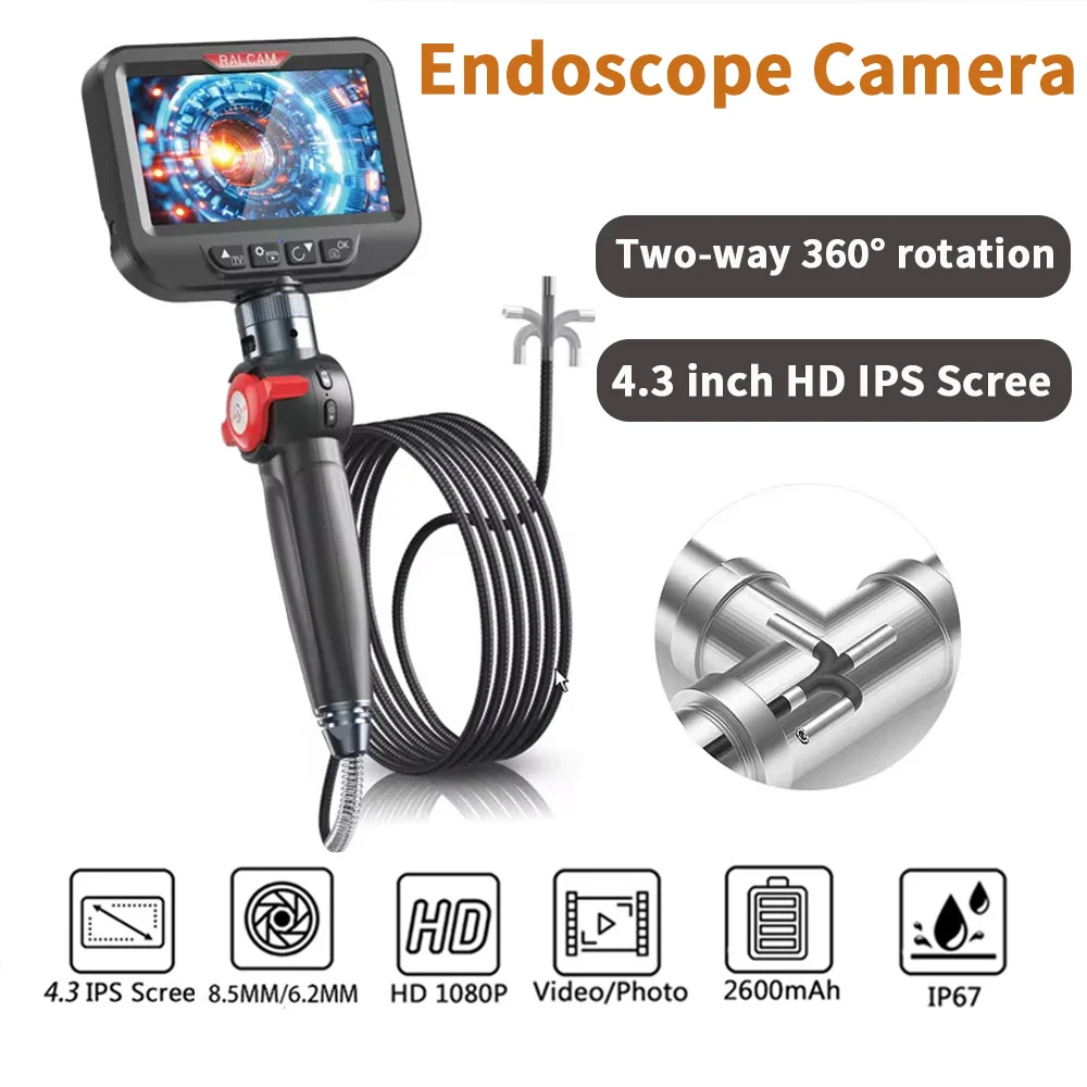 Ralcam 2-Way Rotary 360° Industrial Piping Endoscope Camera Borescope Inspection with 4.3'' IPS Screen 8.5mm/6.2mm HD 1080P