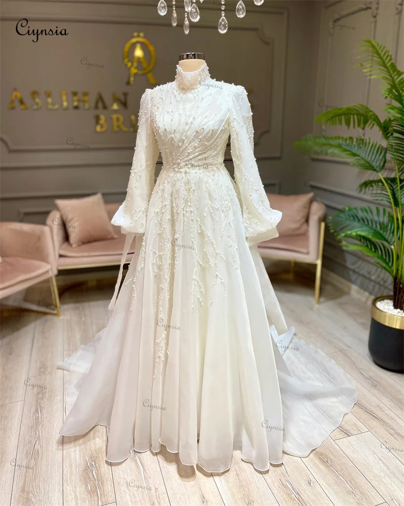 Ciynsia Moroccan Muslim Bridal Gowns Long Sleeves Plus Size Wedding Dresses for Bride A-Line Pearls Vestido De Noiva Casamento