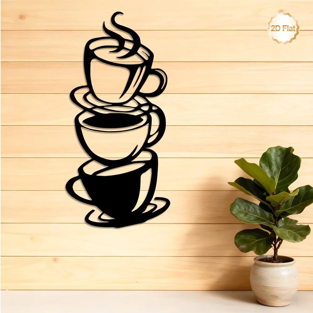 CIFBUY Metal Wall Art Stacked Coffee Cups Sculpture 2D Flat Iron Home Decor Indoor Outdoor Living Room Kitchen Bedroom