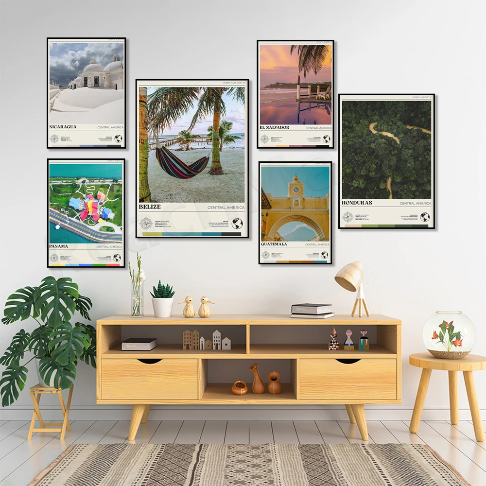 El Salvador, Panama, Guatemala, Nicaragua, Honduras, Belize, Costa Rica landscape USA travel poster print Modern home decor