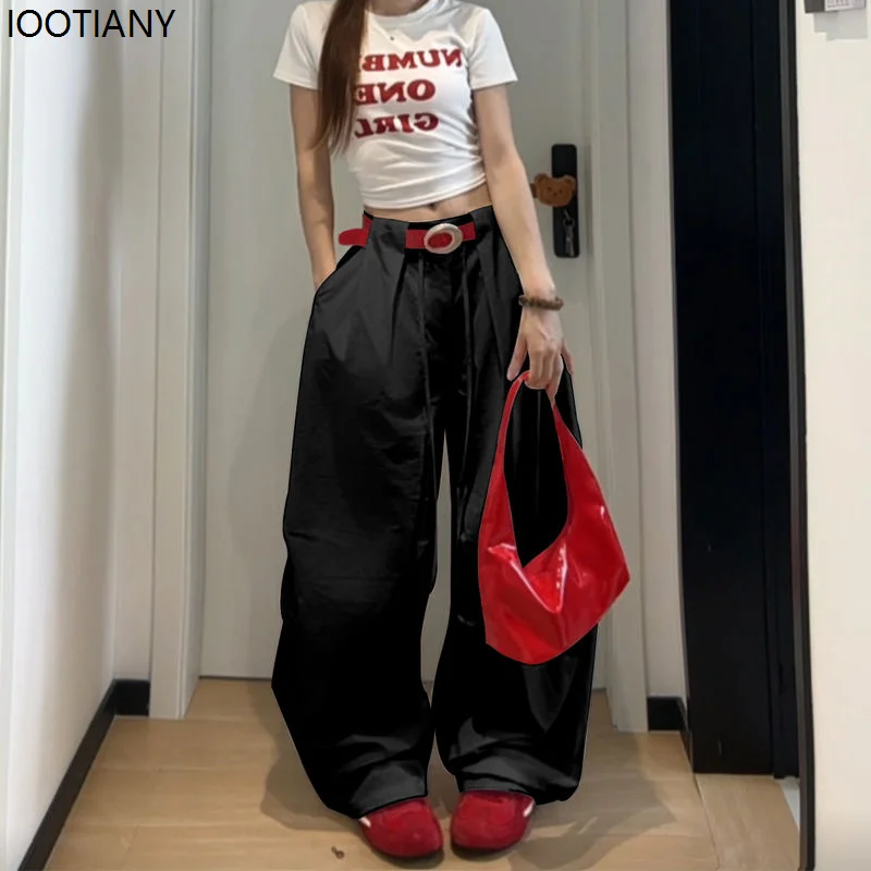 White Basic Wide-leg Pants Women's Solid Color Korean Style Fashion Parachute Pants Loose Lace Summer Hip-hop Scissor Pants 2025