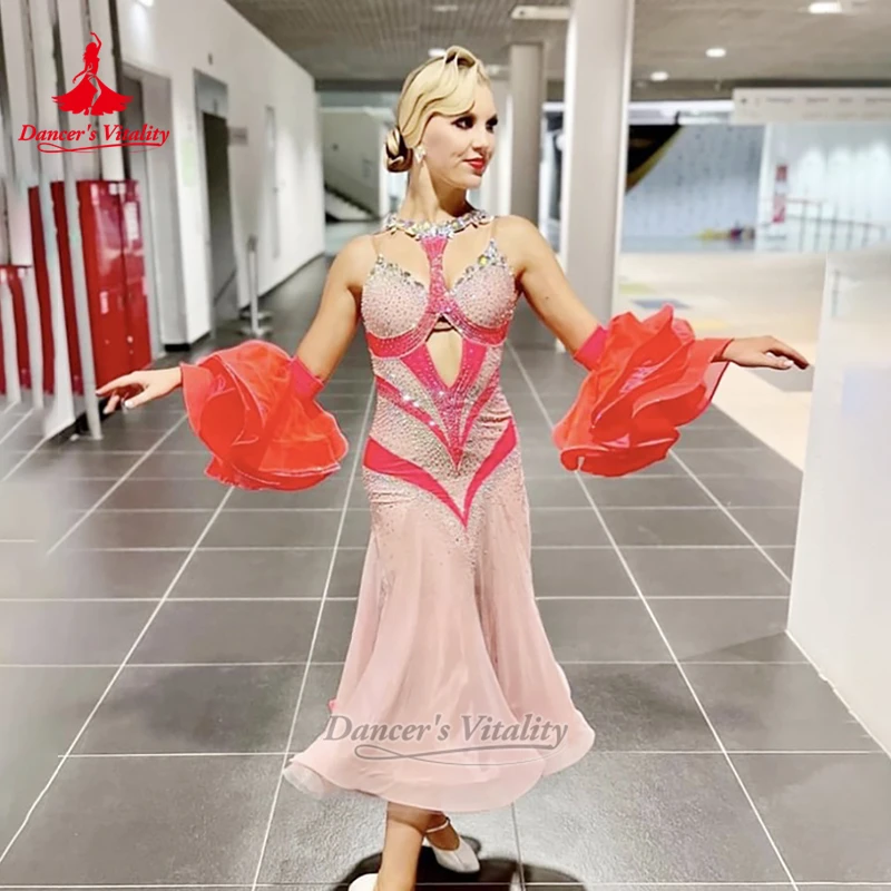 Luxury AB Stones Hollow Out Style Social Dance Dresses Customized Adult Waltz Tango Foxtrot Wrapped Hip Attire Dancer's Vitality