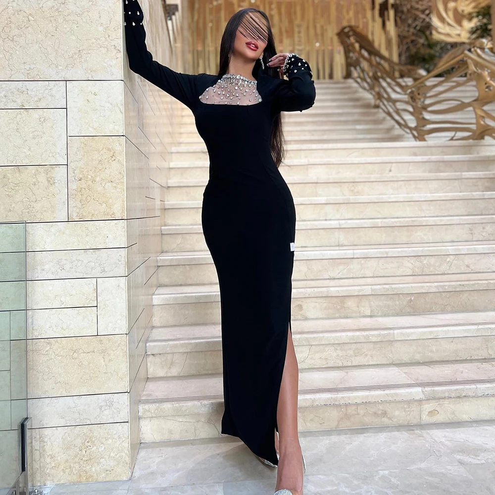 

Customized Modern Side Slit Crystal Crew Neck Jersey Long Sleeves Evening Dress Elegant Photo Color Pleats Vestido De Noche