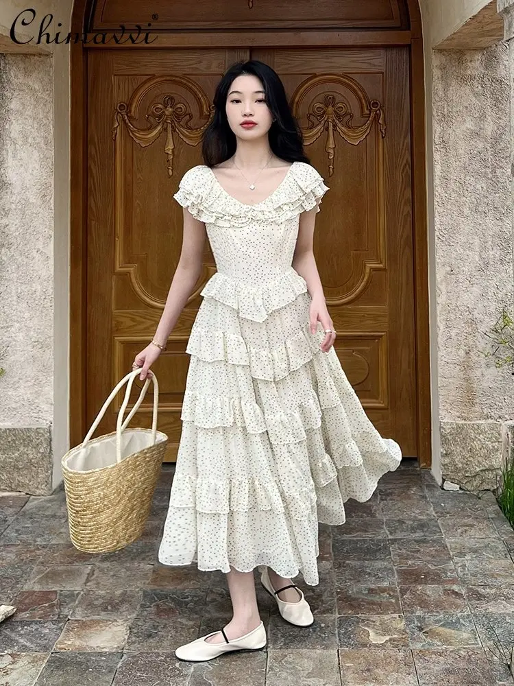 

French Retro Heavy Polka Dot Cake Dress Women's 2023 Summer New Fashion High Waist Princess Dress Elegant Long Women's Dress
