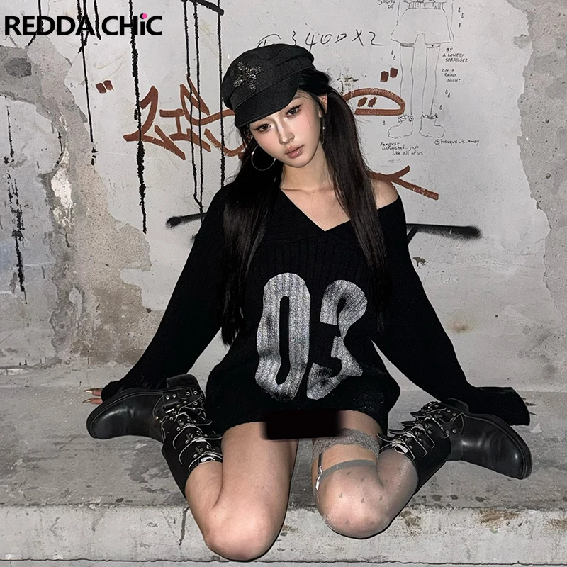 ReddaChic Number #03 V-neck Sweater Women Striped Black Long Sleeves Loose Pullover Jumper Top Lounge Autumn Winter Knitwear