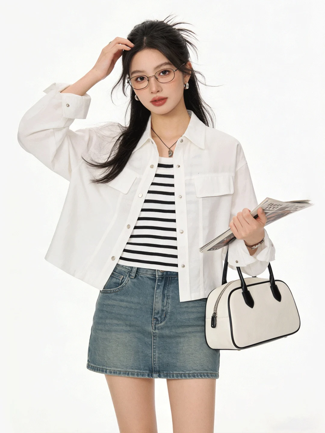 

Korean Sle Layered Wear Set Striped Csole Inner Collar irt Jaet Loose Slimming Casual Early Spring