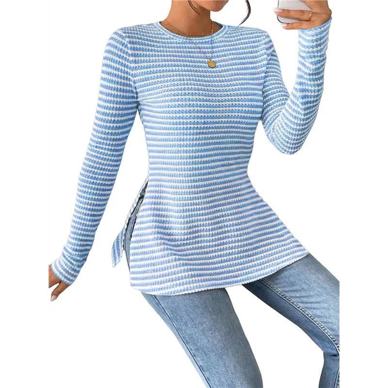 Women's Striped Long Sleeve T Shirt Crew Neck Slit Hem Slim Fit Tee Tops