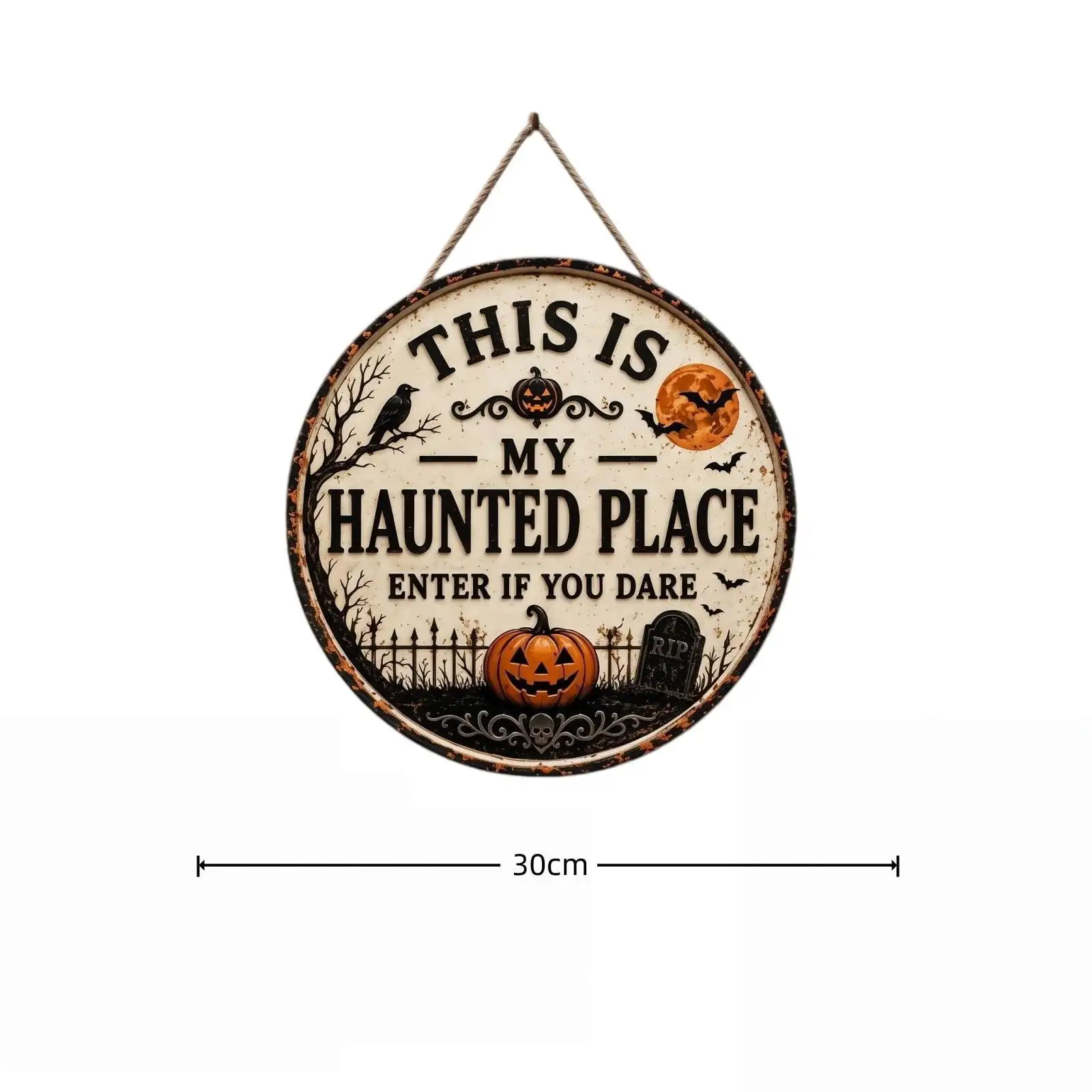 Halloween Door Hanger Sign, Round Halloween Front Door Sign with Spooky Graveyard Pumpkin Crow Welcome Design
