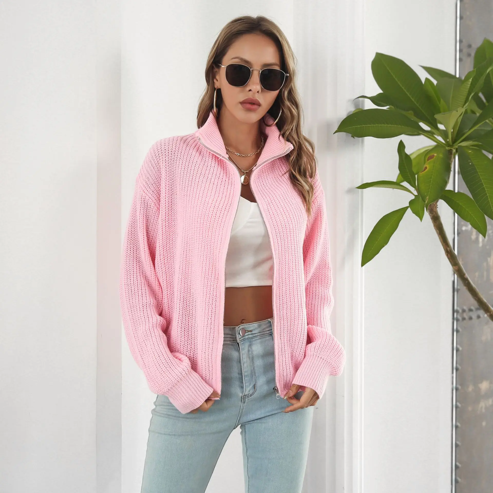 2025 Spring Autumn Women's Coats Solid Color Zipper Ladies Sweaters Casual Loose Female Knitted Cardigans Women's Knitwears