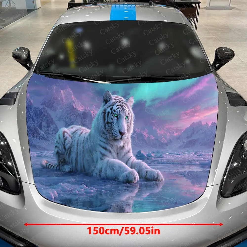 Aurora Ice Field White Tiger Car Vinyl Wrap, PVC Waterproof Car Hood Sticker, Self-Adhesive Scratch-Resistant Stickers