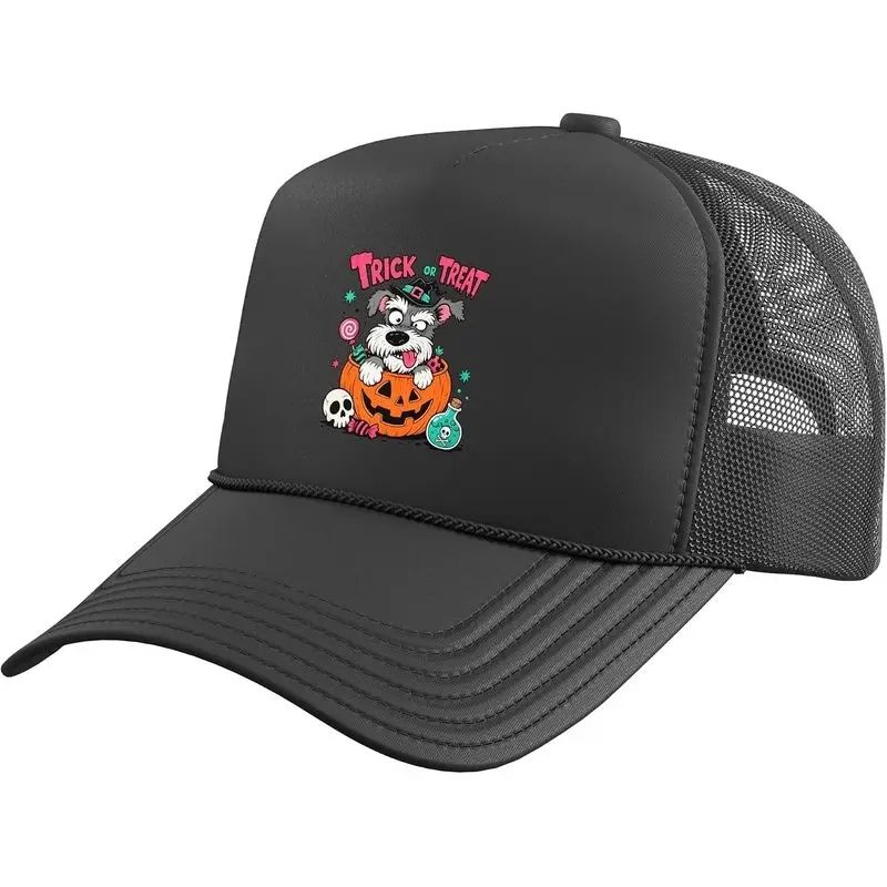 Funny Schnauzer Trick Or Treat Halloween Pumpkin Dog Trucker Hat with Adjustable Mesh Back