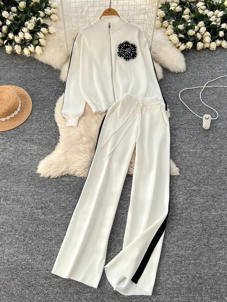 Fashion Commuter 2-Piece Set 2025 Beads Flower Stand Collar Long Sleeve Knitted Coat Tops+High Waist Wide Leg Pants Suit Women