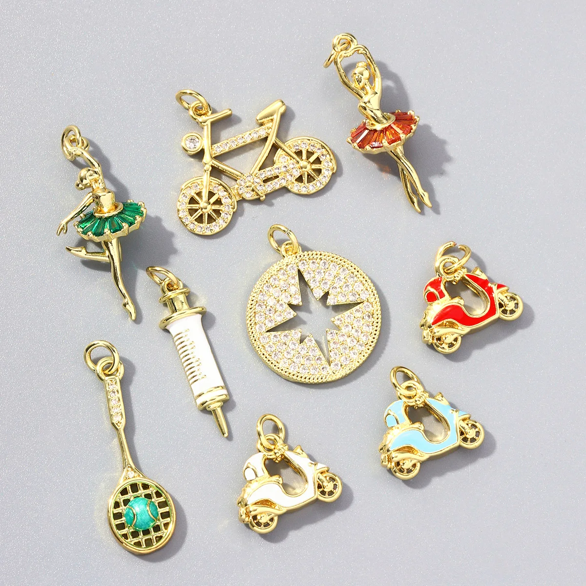 3pcs/Lot Fashion Zircon Star Ballet Girls DIY Charms Enamel Motorcycle Syringe Necklace Pendant Women Rackets Jewelry Wholesale