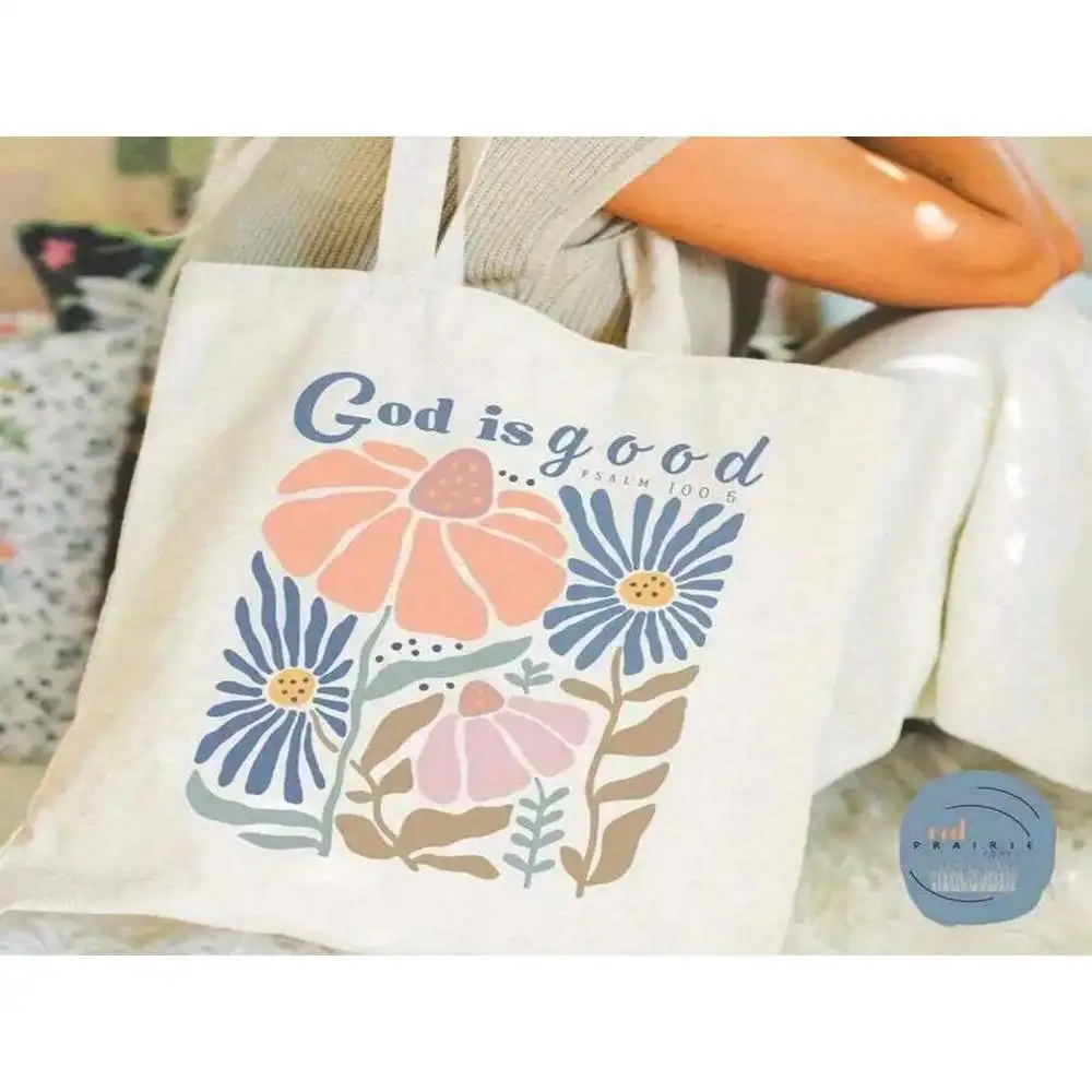 

Холщовая большая сумка God Is Good в богемном стиле с дизайном Psalm 100, легкая бежевая религиозная сумка с цветочным принтом и геометрическим рисунком