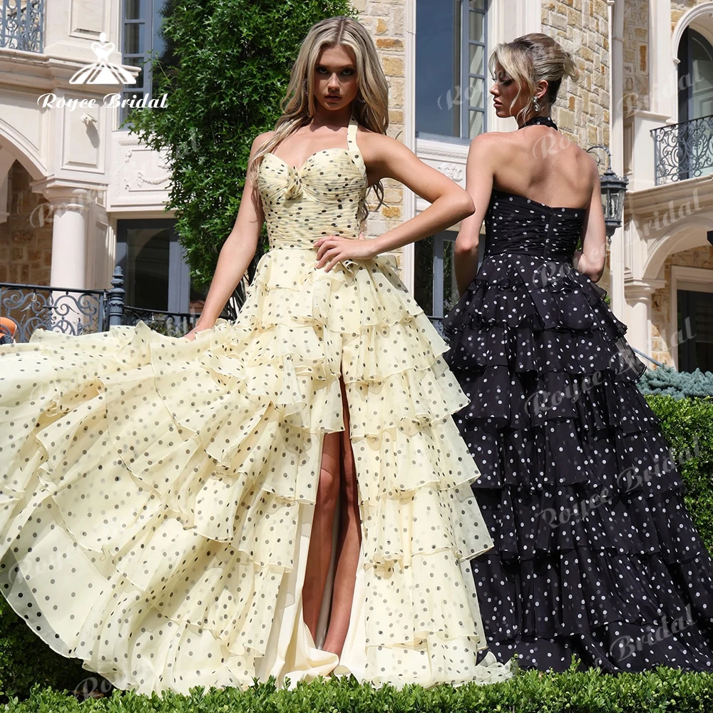 Cute Polka Dot Halter Prom Dress Ruched Multi Layer Ruffle Tulle Evening Dress High Slit Women's formal evening gowns Customized