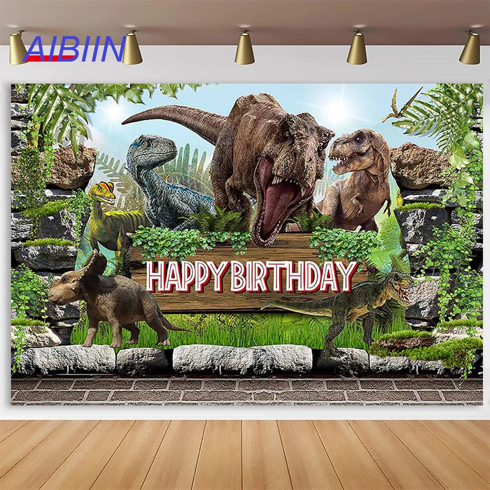 

AIBIIN Wild Dinosaur Happy Birthday Backdrop Jungle Animals Safari Stones Boy Portrait Party Decor Cake Photozone Background